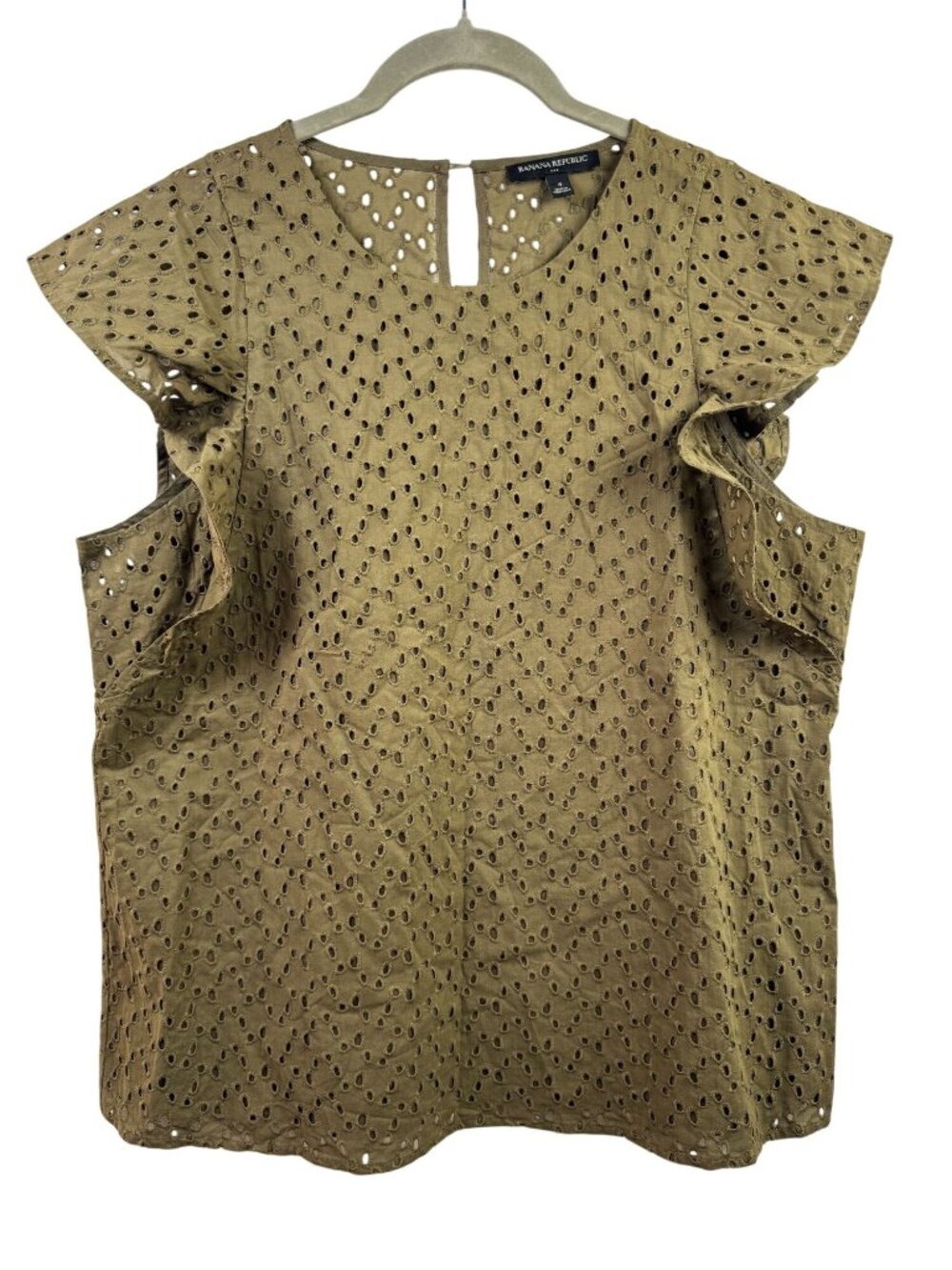 Banana Republic Olive Eyelet Flutter Sleeve Top Women Size 4 Lightweight Earthy